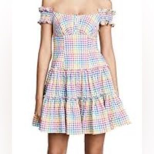 Caroline Constas Rainbow Gingham Dress Off Shoulder